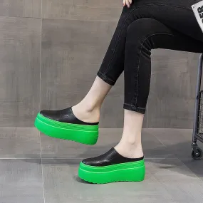 Summer Women's 8cm Green White Black Genuine Leather Platform Shoes