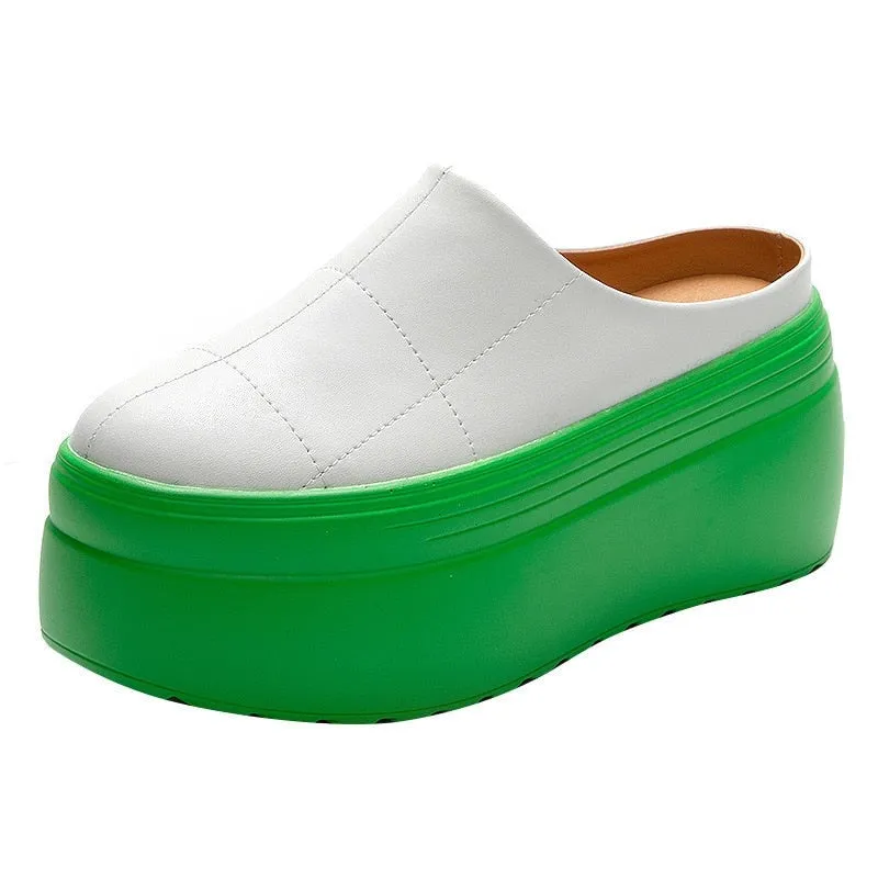 Summer Women's 8cm Green White Black Genuine Leather Platform Shoes