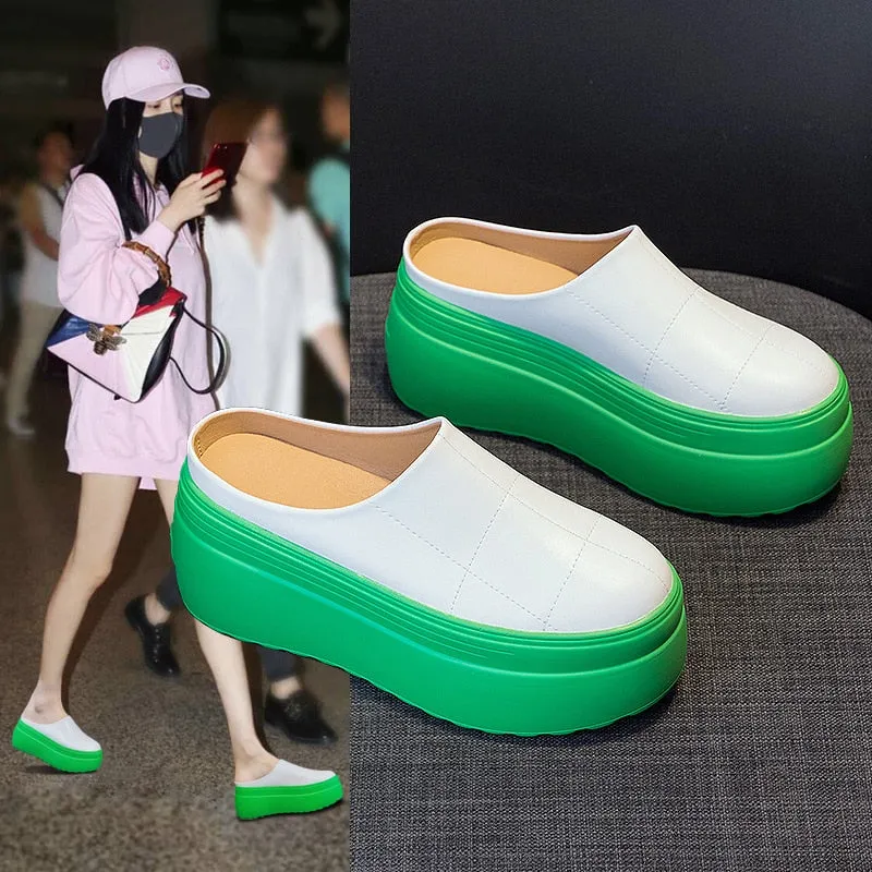 Summer Women's 8cm Green White Black Genuine Leather Platform Shoes