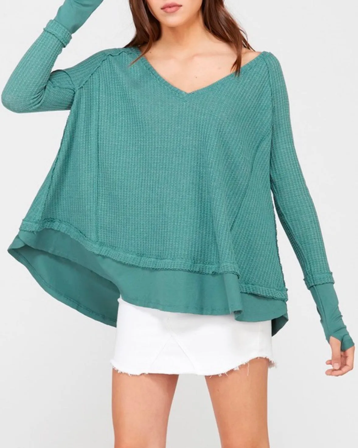 Thumb Hole Long Sleeve Layered V-Neck Waffle Knit Thermal Sweater Top in Pistachio