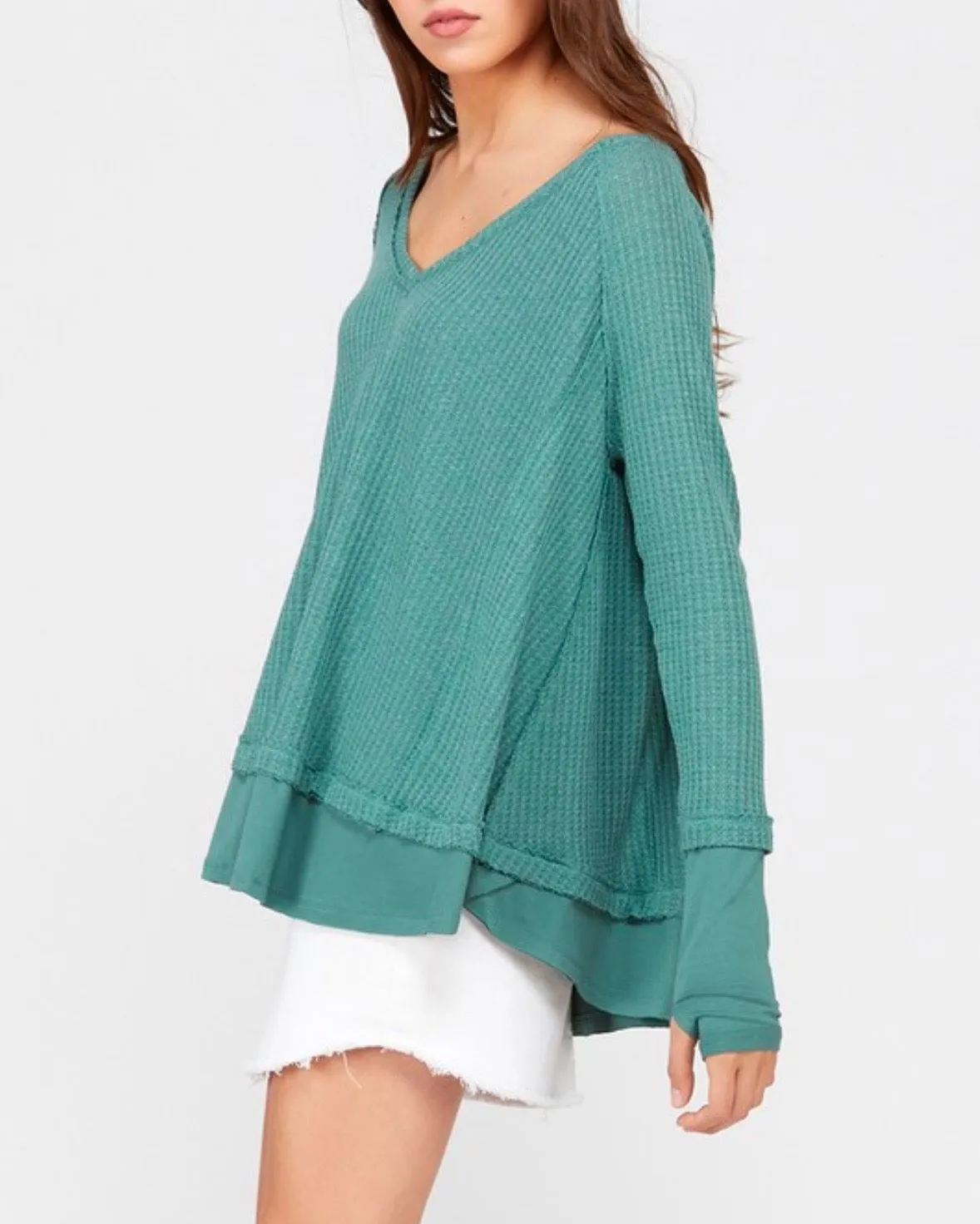 Thumb Hole Long Sleeve Layered V-Neck Waffle Knit Thermal Sweater Top in Pistachio