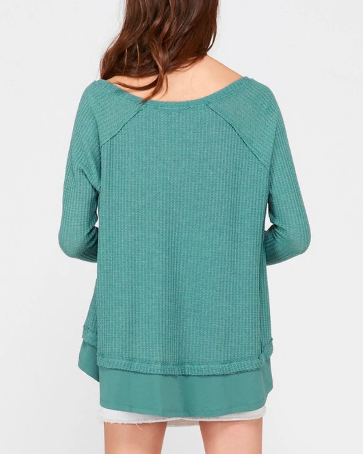 Thumb Hole Long Sleeve Layered V-Neck Waffle Knit Thermal Sweater Top in Pistachio