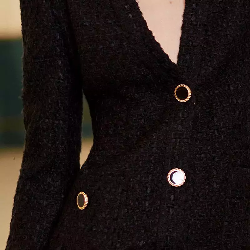 Tweed Gold Buttoned Blazer Dress in Black