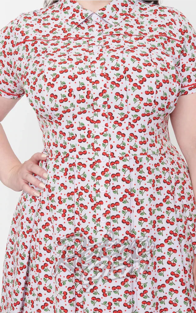 Unique Vintage Lavender Springfield Swing Dress in Cherry Print - 2XL left only