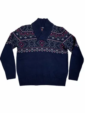 Vintage 100% lambswool  jumper  in navy blue, Fairisle v-neck – 2XL