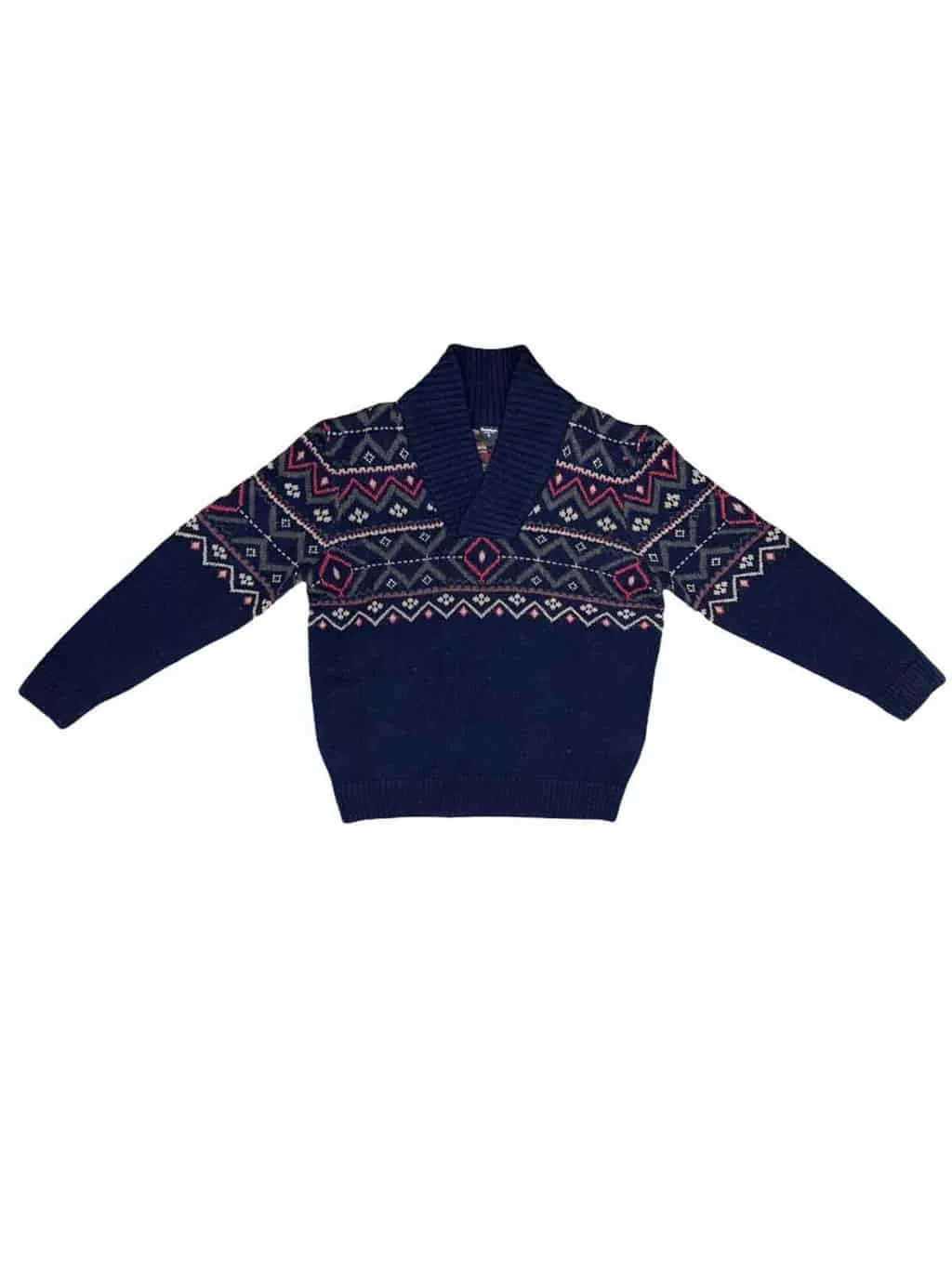 Vintage 100% lambswool  jumper  in navy blue, Fairisle v-neck – 2XL