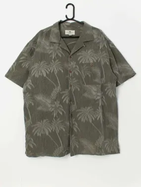 Vintage forest green Hawaiian shirt with grey palm tree print – XL / 2XL