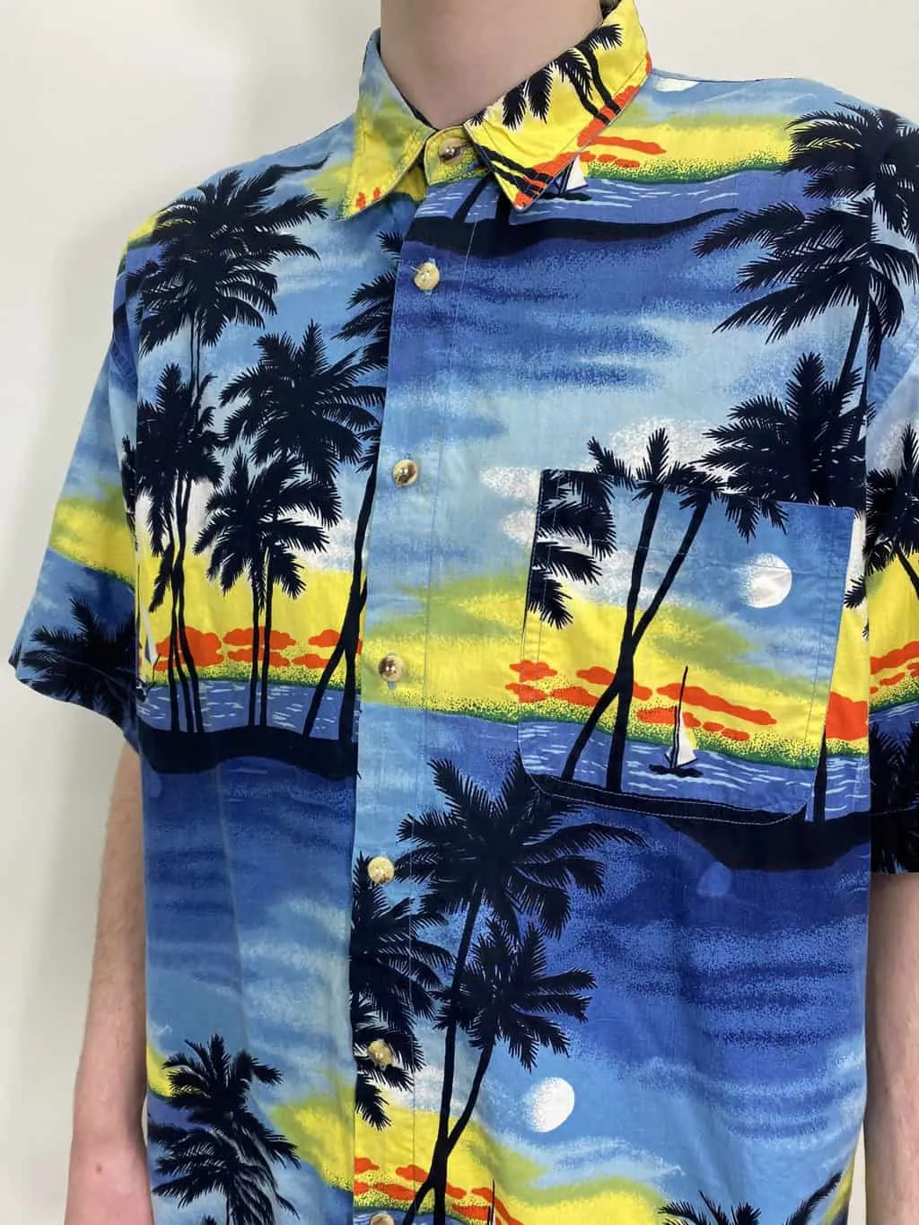 Vintage Tropical Hawaiian Shirt with Moonlit Palm Trees Blue Bright Pattern – 2XL / 3XL