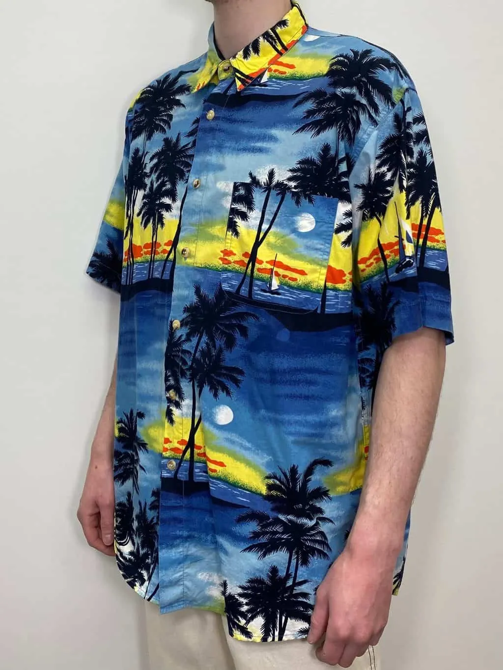 Vintage Tropical Hawaiian Shirt with Moonlit Palm Trees Blue Bright Pattern – 2XL / 3XL