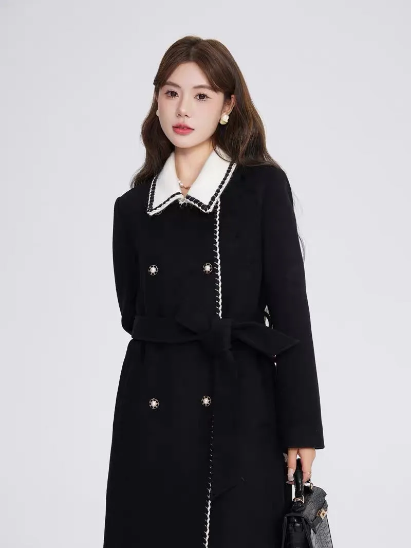 Volstagg black small fragrant woolen coat for women autumn and winter high-end mid-length Hepburn style woolen coat