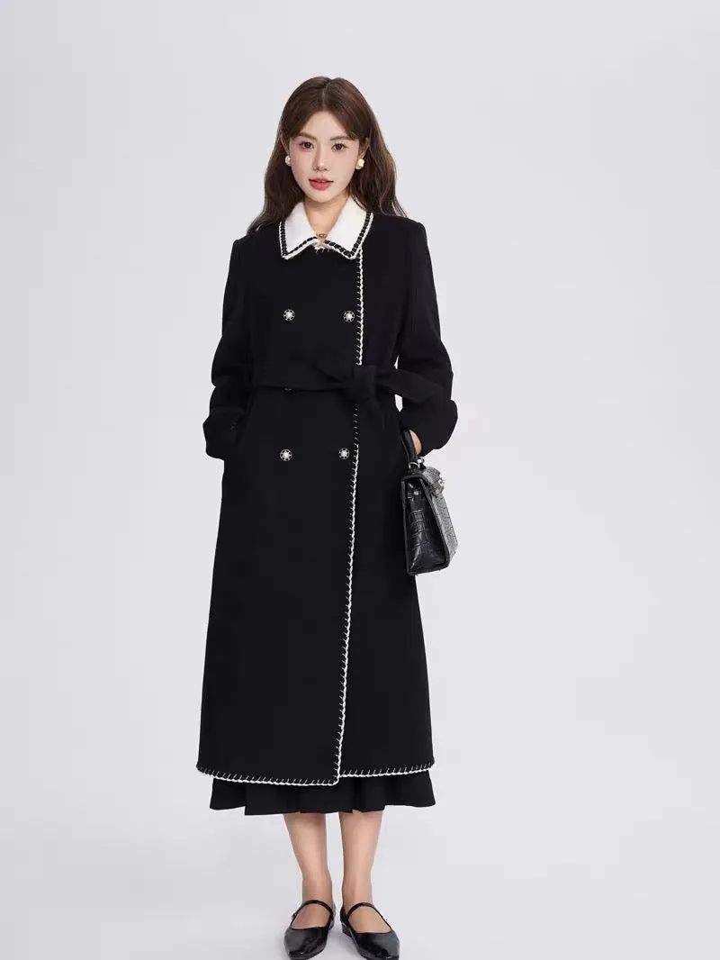 Volstagg black small fragrant woolen coat for women autumn and winter high-end mid-length Hepburn style woolen coat