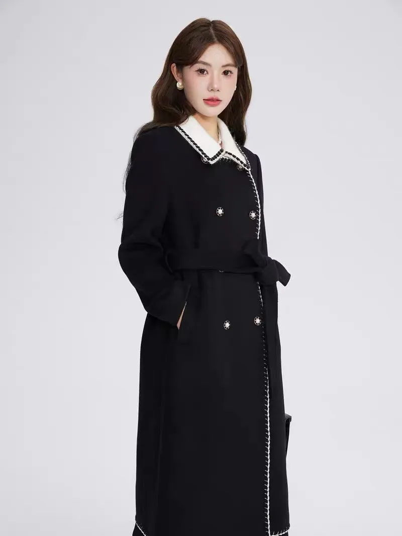 Volstagg black small fragrant woolen coat for women autumn and winter high-end mid-length Hepburn style woolen coat