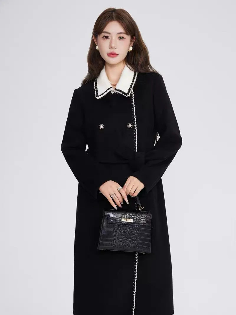 Volstagg black small fragrant woolen coat for women autumn and winter high-end mid-length Hepburn style woolen coat