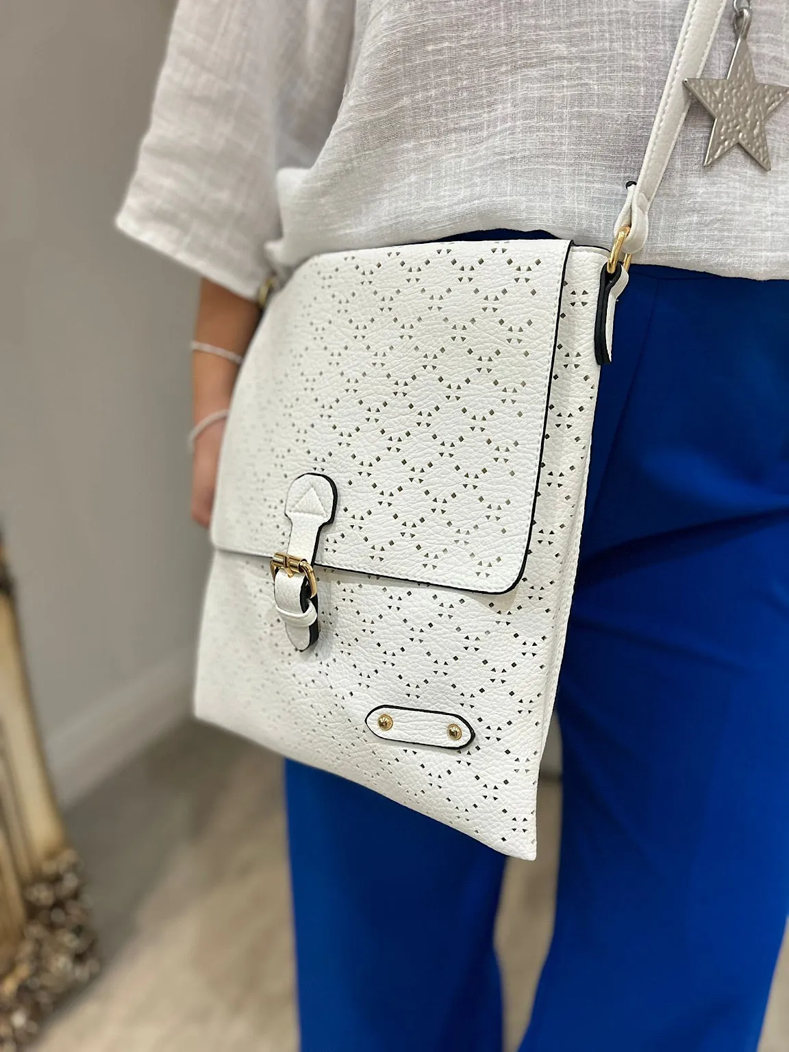 White Multi Holes Button Bag