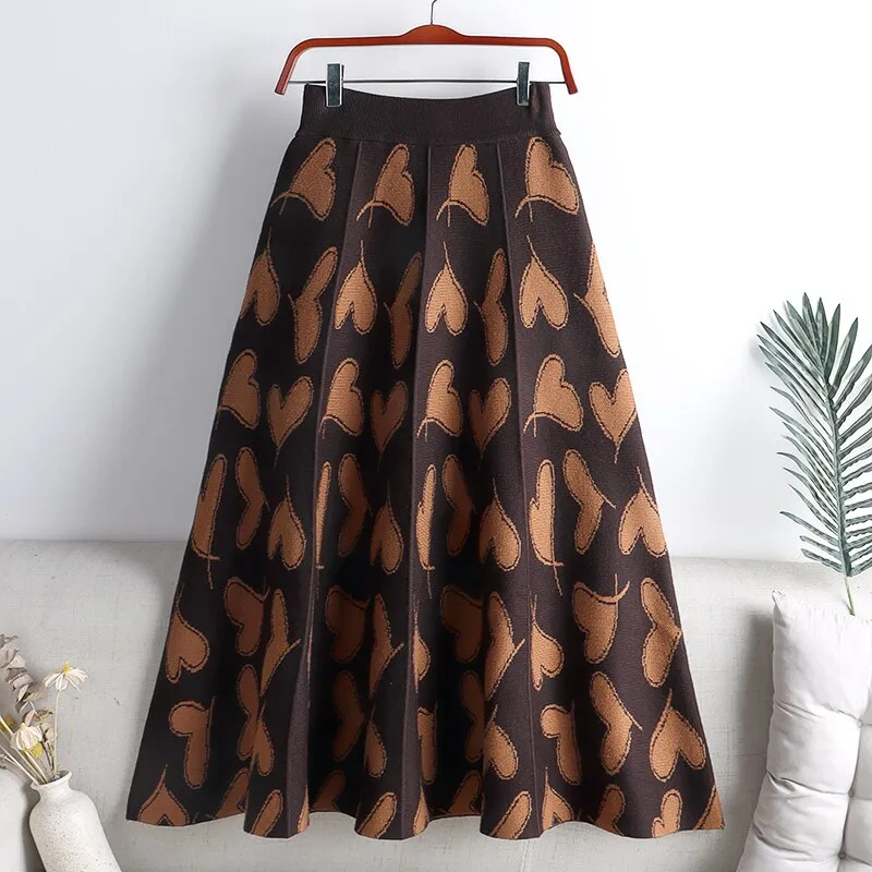 Woman Casual Heart Shaped Winter Elastic High Waist Pleated Knitted Midi Skirt