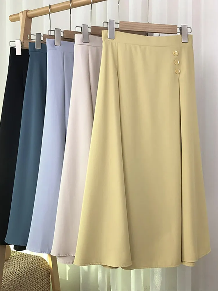 Women Elastic High Waist Casual A Line Skirt Buttons Dart Detail Office Lady Elegant Midi Skirt