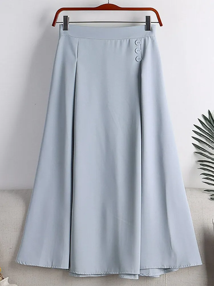 Women Elastic High Waist Casual A Line Skirt Buttons Dart Detail Office Lady Elegant Midi Skirt