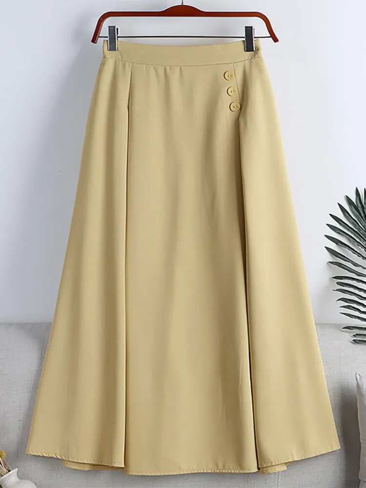 Women Elastic High Waist Casual A Line Skirt Buttons Dart Detail Office Lady Elegant Midi Skirt