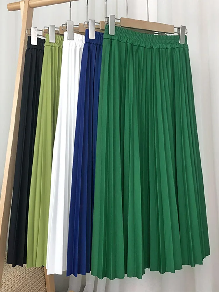 Women Elegant Elastic High Waist Basic Pleated Skirt Solid Casual A Line Summer Midi Skirt