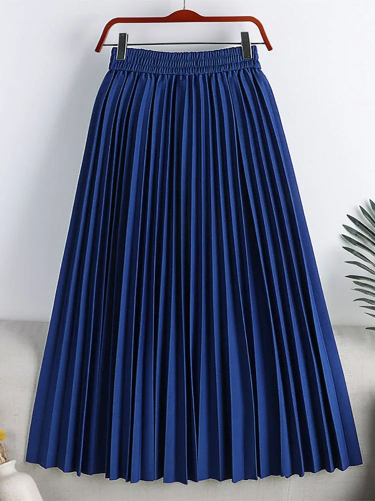 Women Elegant Elastic High Waist Basic Pleated Skirt Solid Casual A Line Summer Midi Skirt