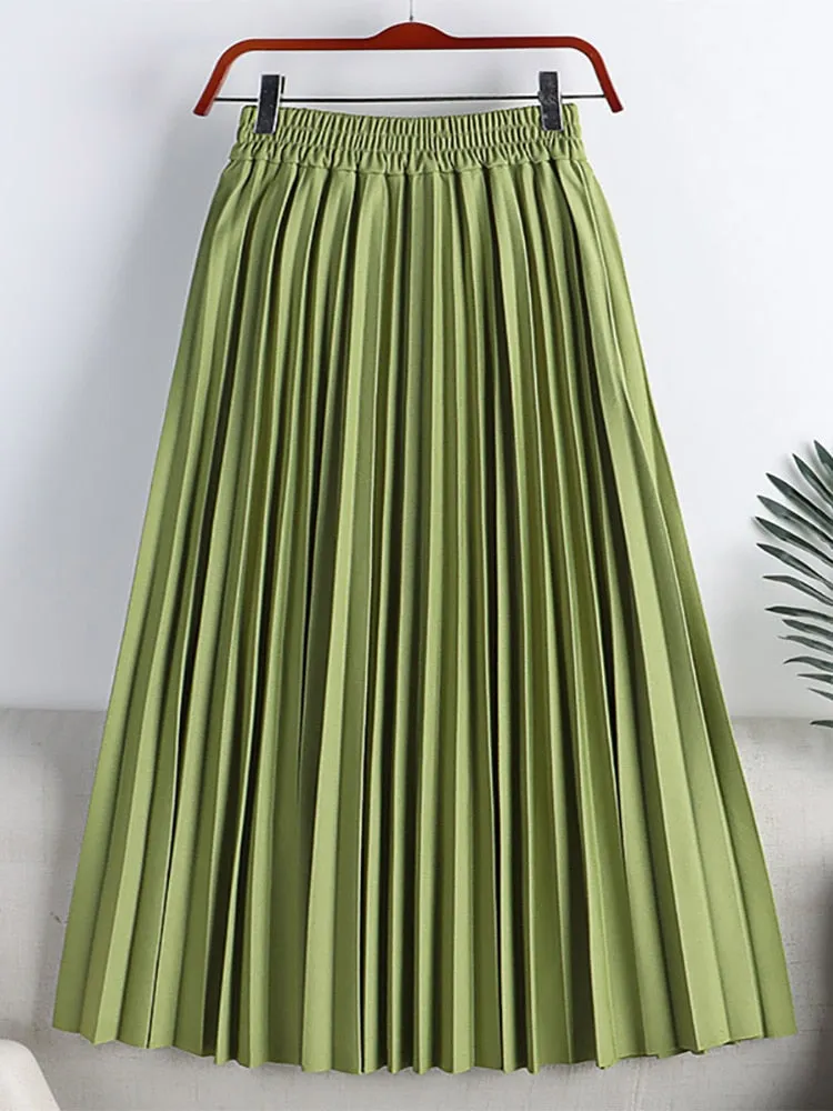 Women Elegant Elastic High Waist Basic Pleated Skirt Solid Casual A Line Summer Midi Skirt