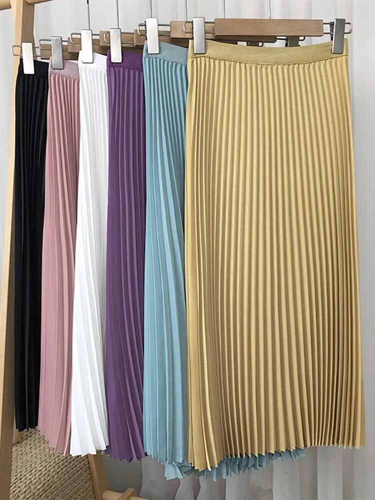 Women Office Lady Elegant Pleated Skirt Elastic High Waist Casual Midi Long Skirt