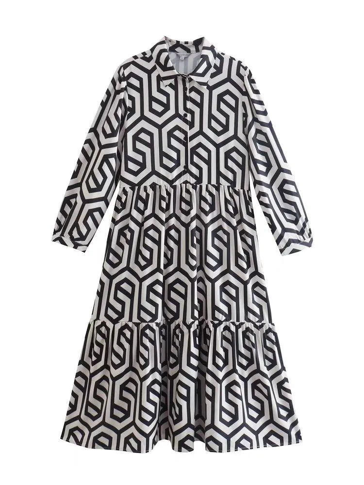 Women Vintage Geometric Print Pleats Casual Slim Midi Shirt Dress