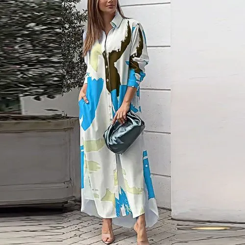 Women's Regular Dress Streetwear Turndown Printing Long Sleeve Abstract Midi Dress Daily