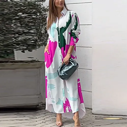 Women's Regular Dress Streetwear Turndown Printing Long Sleeve Abstract Midi Dress Daily