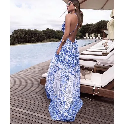 Women's Regular Dress Vacation Halter Neck Sleeveless Printing Maxi Long Dress Swimming Sports