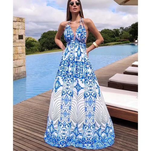 Women's Regular Dress Vacation Halter Neck Sleeveless Printing Maxi Long Dress Swimming Sports