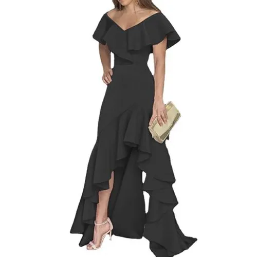 Women's Sheath Dress Elegant V Neck Ruffle Hem Ruched Short Sleeve Solid Color Asymmetrical Dress Maxi Long Dress Party