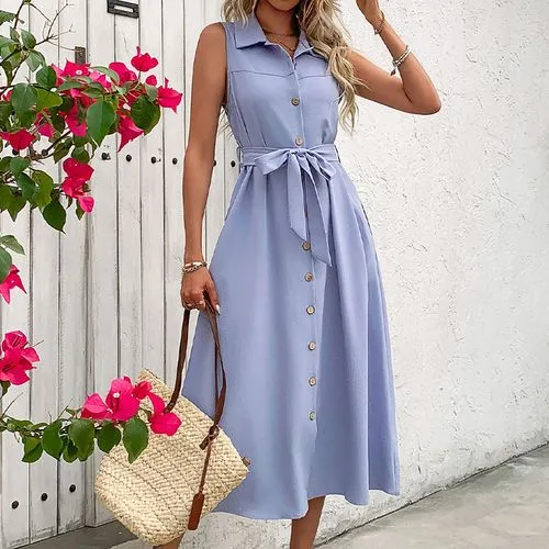 Women's Shirt Dress Elegant Shirt Collar Sleeveless Solid Color Midi Dress Holiday Daily