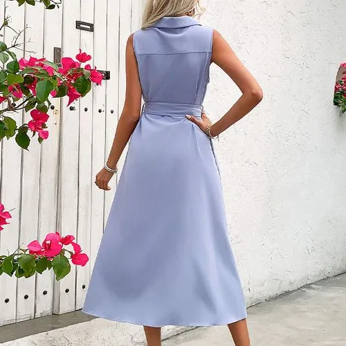 Women's Shirt Dress Elegant Shirt Collar Sleeveless Solid Color Midi Dress Holiday Daily