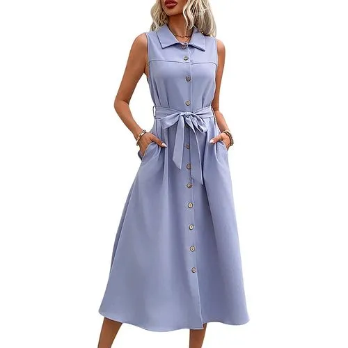 Women's Shirt Dress Elegant Shirt Collar Sleeveless Solid Color Midi Dress Holiday Daily