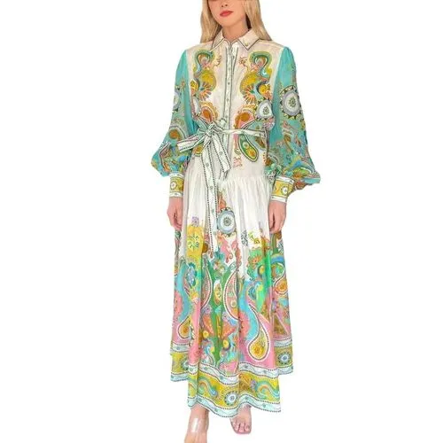 Women's Swing Dress Streetwear Turndown Long Sleeve Printing Maxi Long Dress Holiday