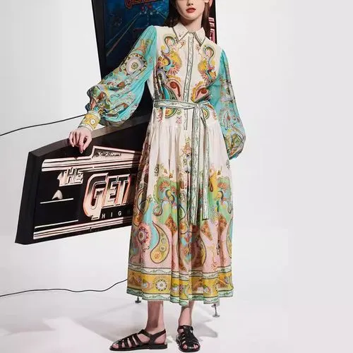 Women's Swing Dress Streetwear Turndown Long Sleeve Printing Maxi Long Dress Holiday