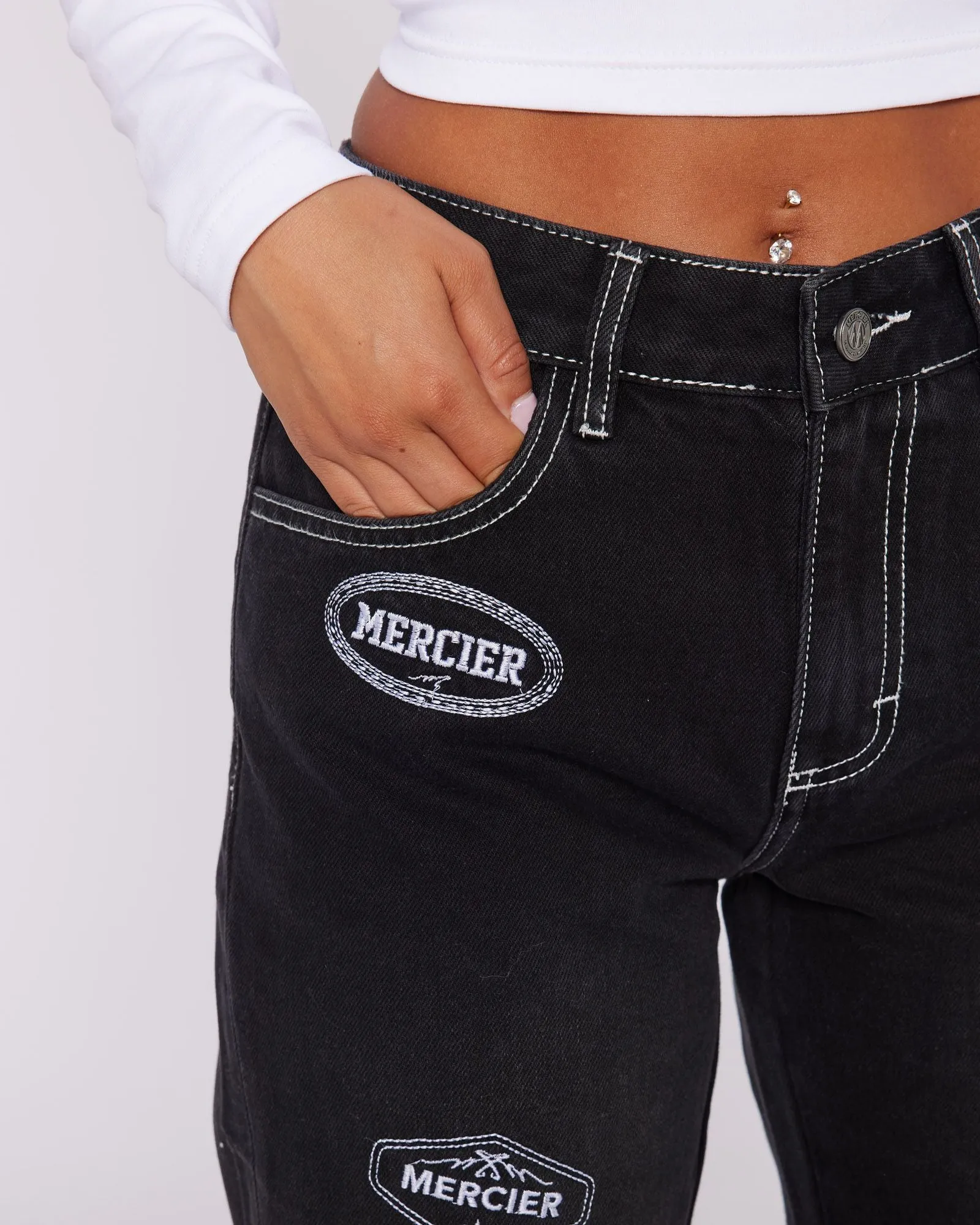 Womens Black Denim Stitch Badge Jeans