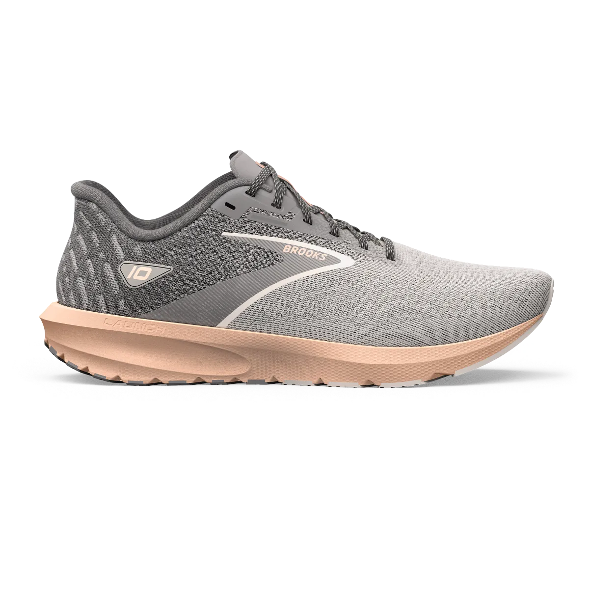 Women's Brooks Launch 10, Grey/Crystal Grey/Pale Peach, 8 B Medium