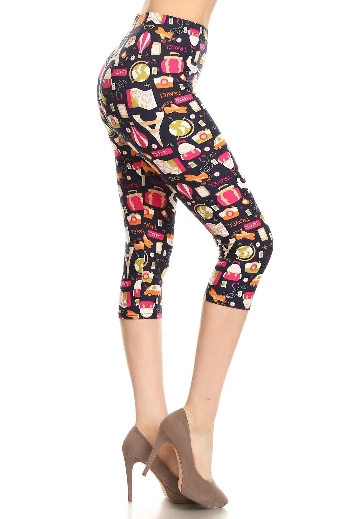 Women's Plus Colorful Travel Ticket Theme Printed Cropped Capri Leggings