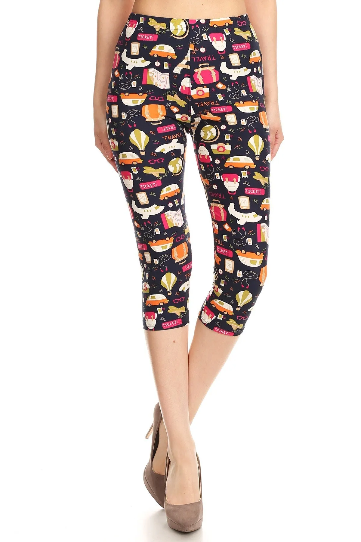 Women's Plus Colorful Travel Ticket Theme Printed Cropped Capri Leggings