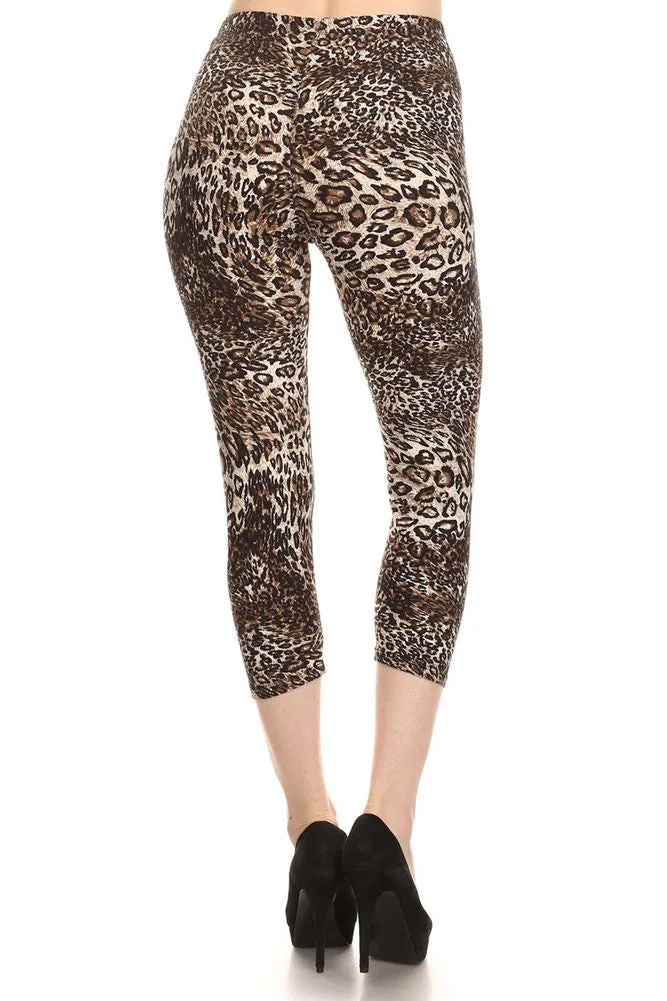 Women's Regular Leopard Pattern Print Capri Leggings - White Brown