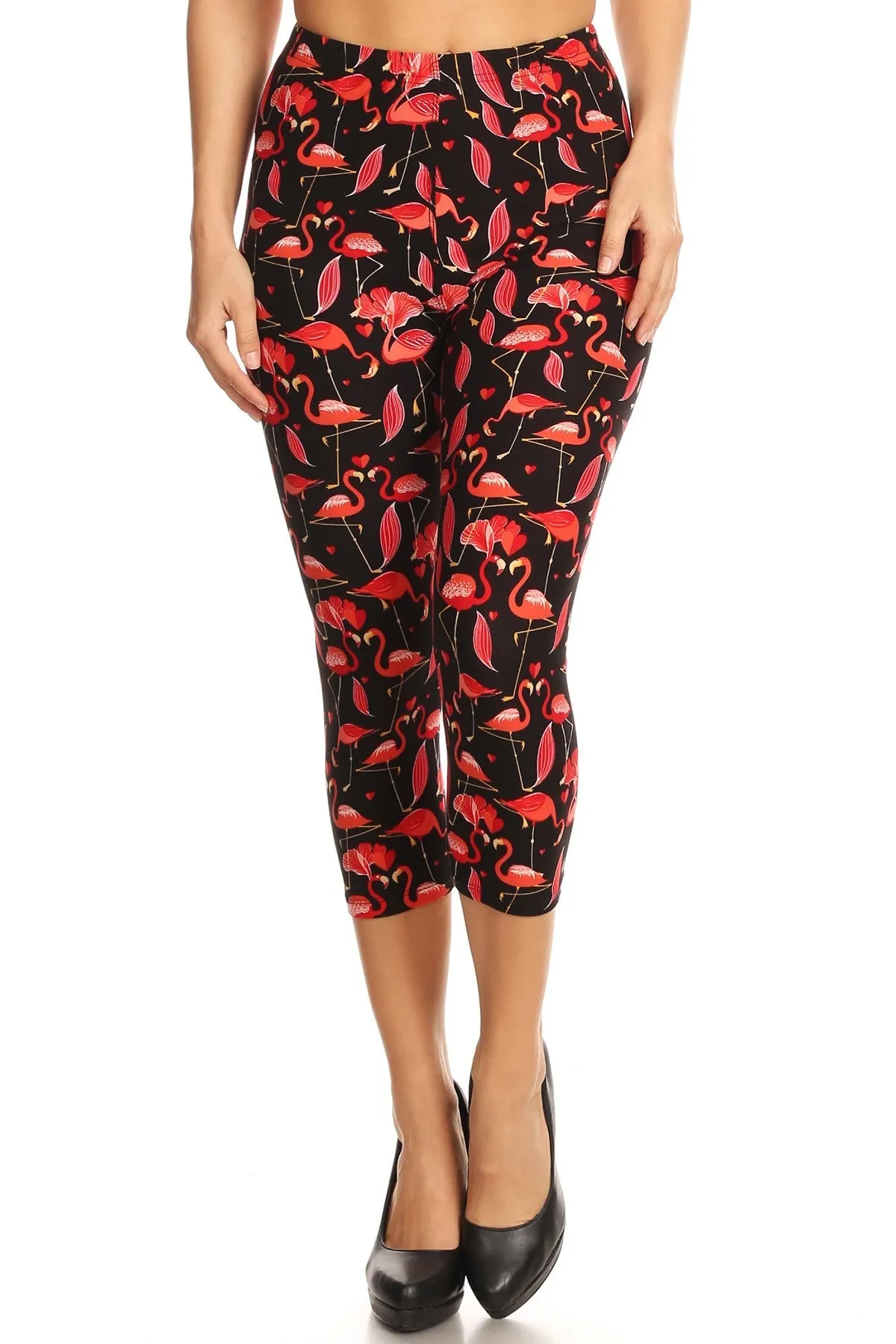 Women's Regular Red Flamingo Birds Printed Cropped Capri Leggings