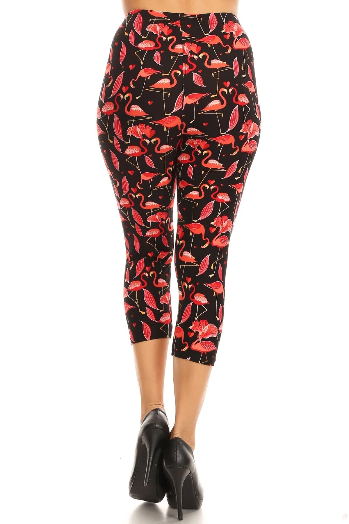 Women's Regular Red Flamingo Birds Printed Cropped Capri Leggings