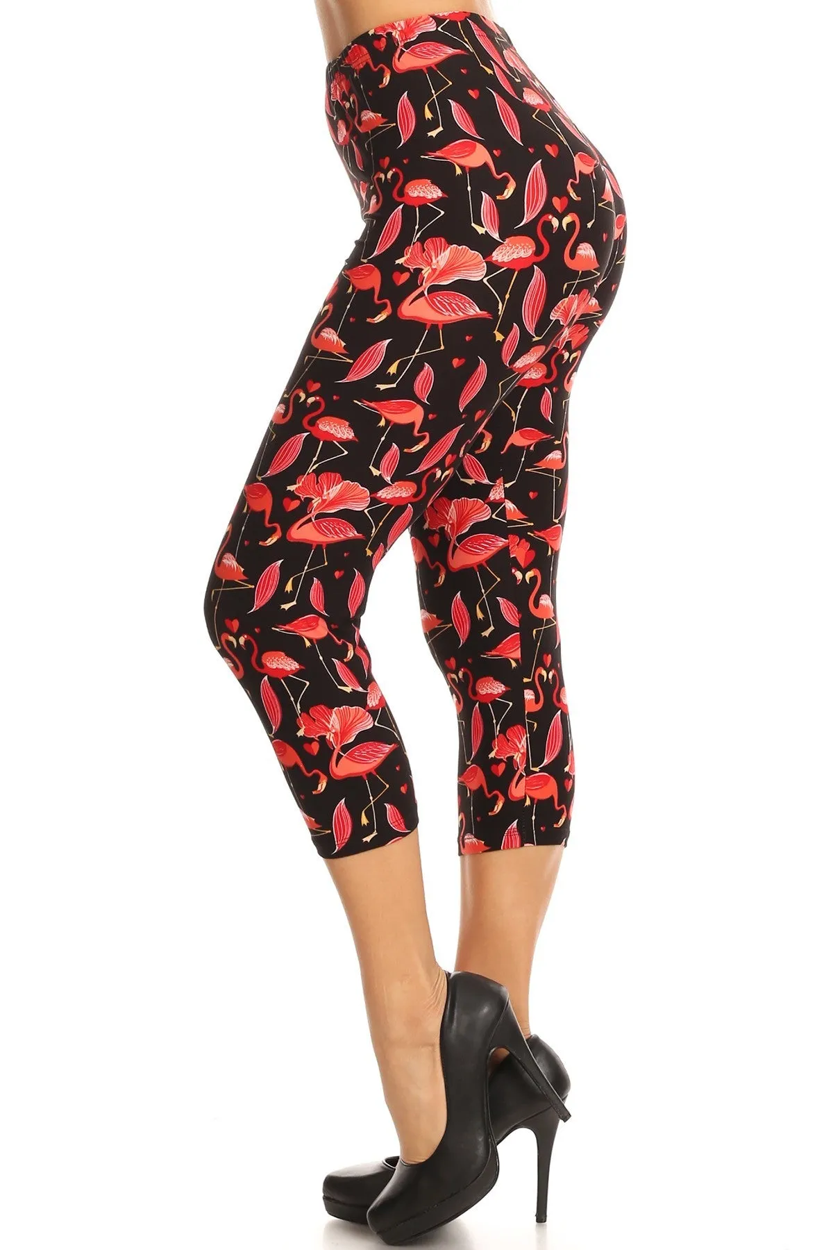 Women's Regular Red Flamingo Birds Printed Cropped Capri Leggings