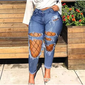 Women's Vintage Ripped Holes Hollow Out Mesh Stretchy Skinny Pants