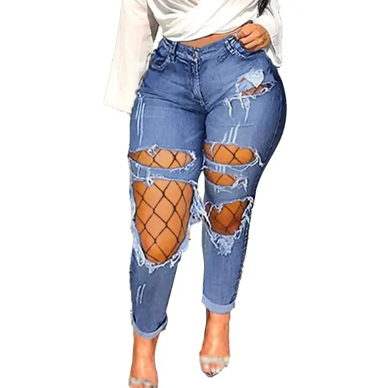 Women's Vintage Ripped Holes Hollow Out Mesh Stretchy Skinny Pants