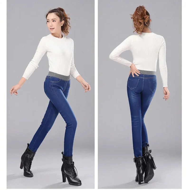 Women's Winter Warm Elastic High Waist Skinny Stretch Denim Pants