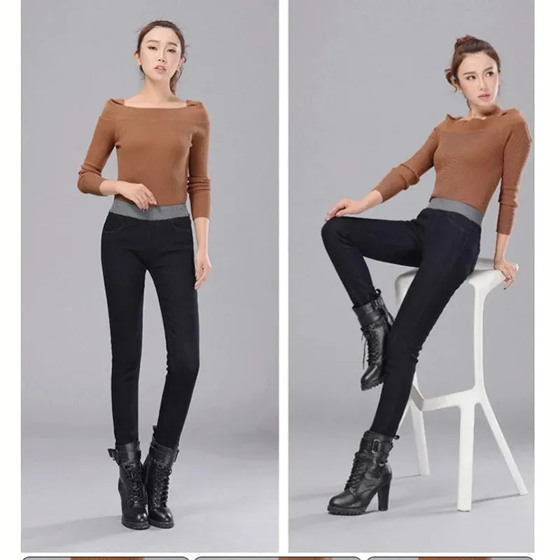 Women's Winter Warm Elastic High Waist Skinny Stretch Denim Pants