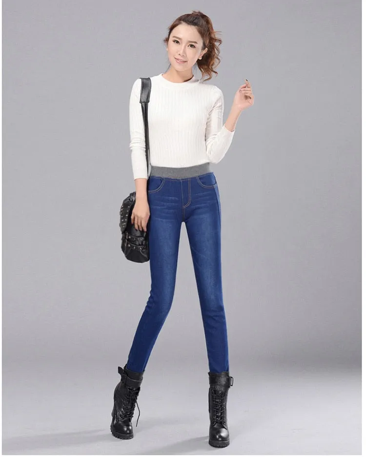 Women's Winter Warm Elastic High Waist Skinny Stretch Denim Pants